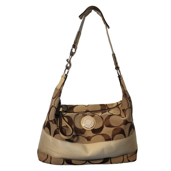 Coach Brown on Tan Stripe Signature Monogram Hobo Bag 23769E - Picture 1 of 8
